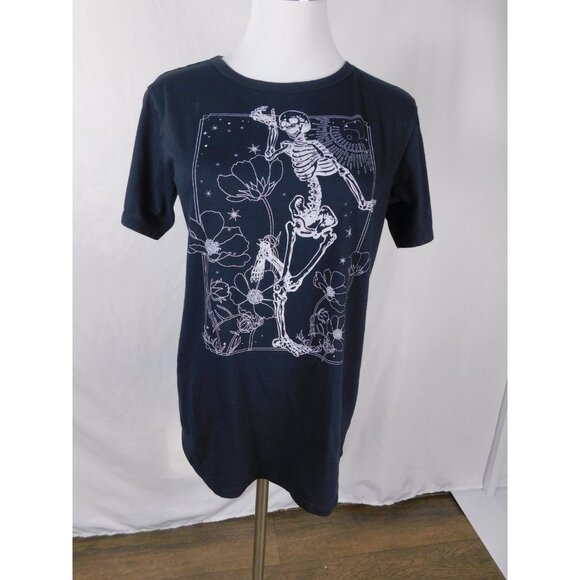 Dancing Skeleton Shirt Large Black White Graphic Tee Floral Cosmic Art - Picture 1 of 9